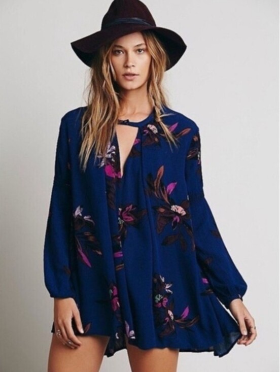 Free People Dresses & Skirts - Free People Royal Navy Floral Keyhole Mini Dress / Tunic